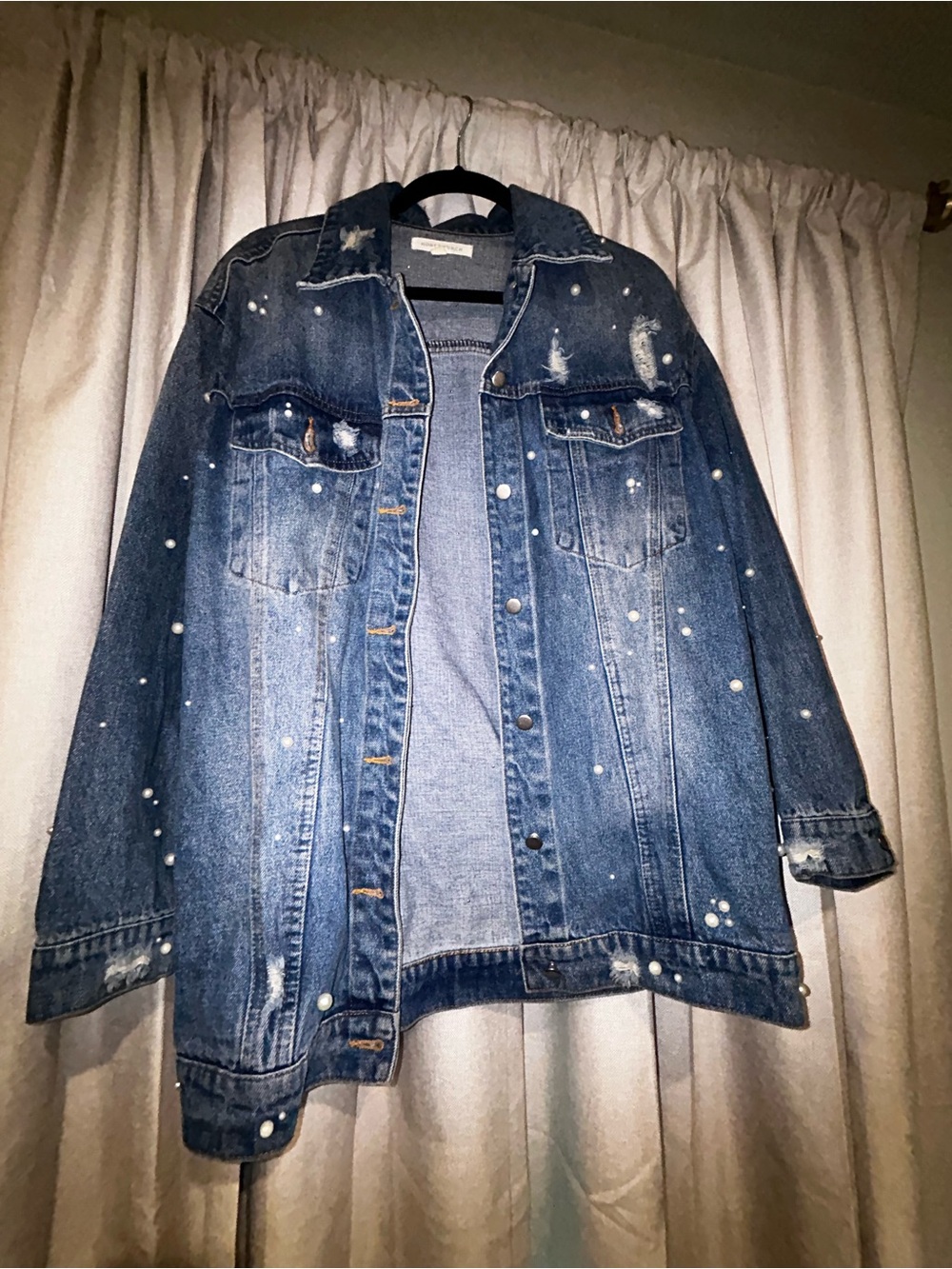 Honey Punch Distressed Blue Denim Jacket with Pearl Accents